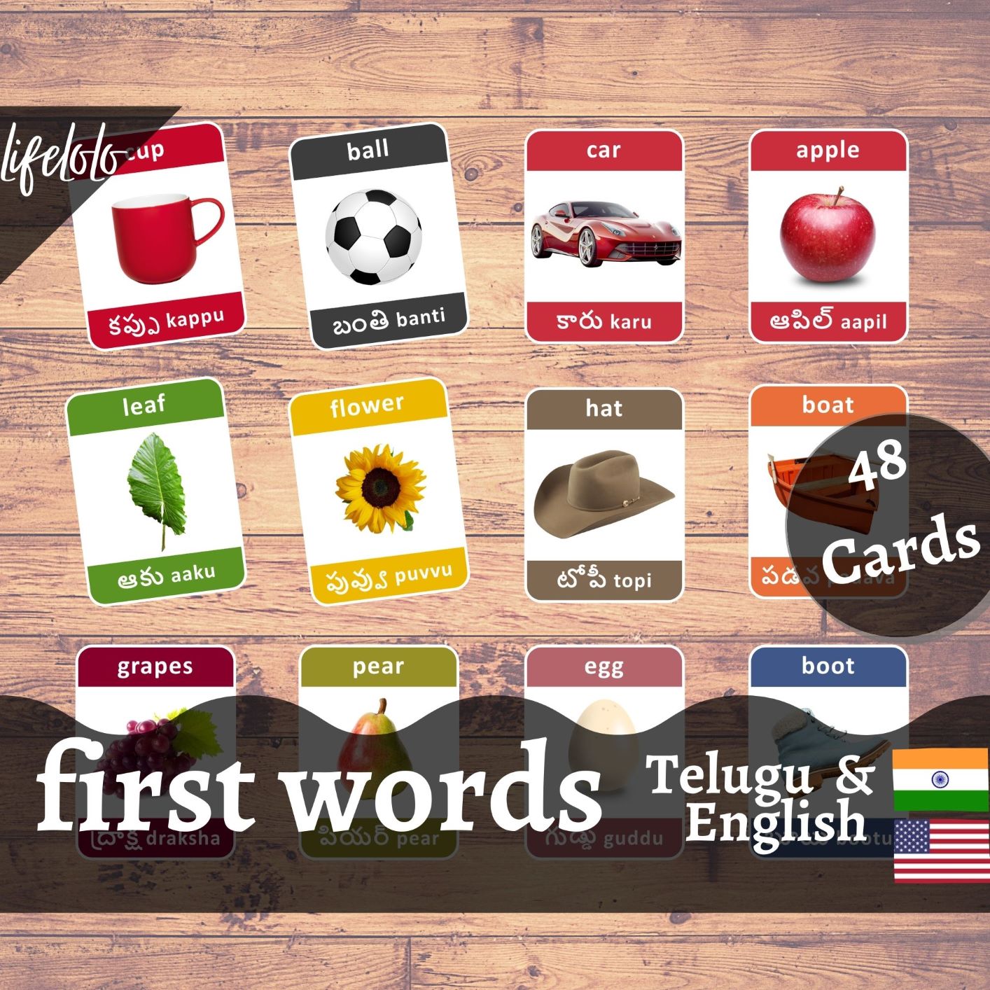 First Words TELUGU Flash Cards Bilingual Homeschool Printable Telugu Printable Download 