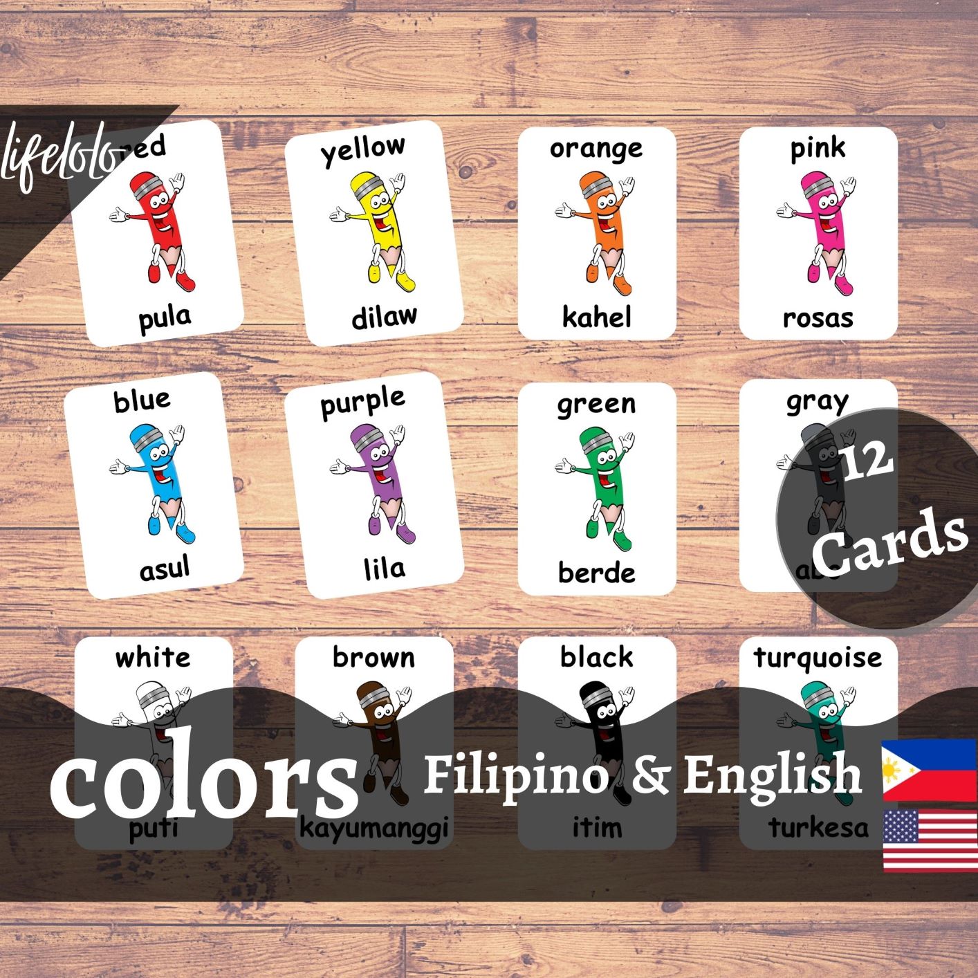 Colors FILIPINO Flash Cards 12 Tagalog Flash Cards Filipino