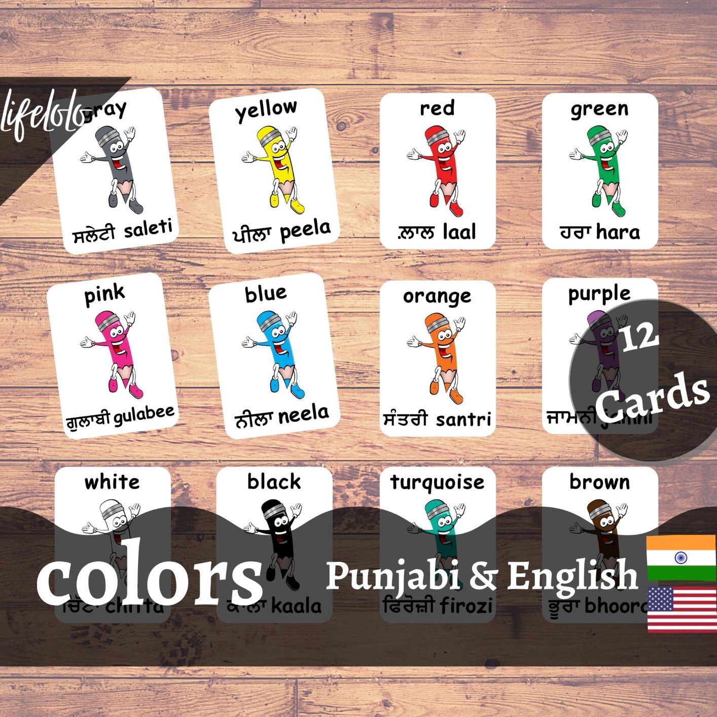 Colors PUNJABI Flash Cards Bilingual Homeschool Printable Punjabi