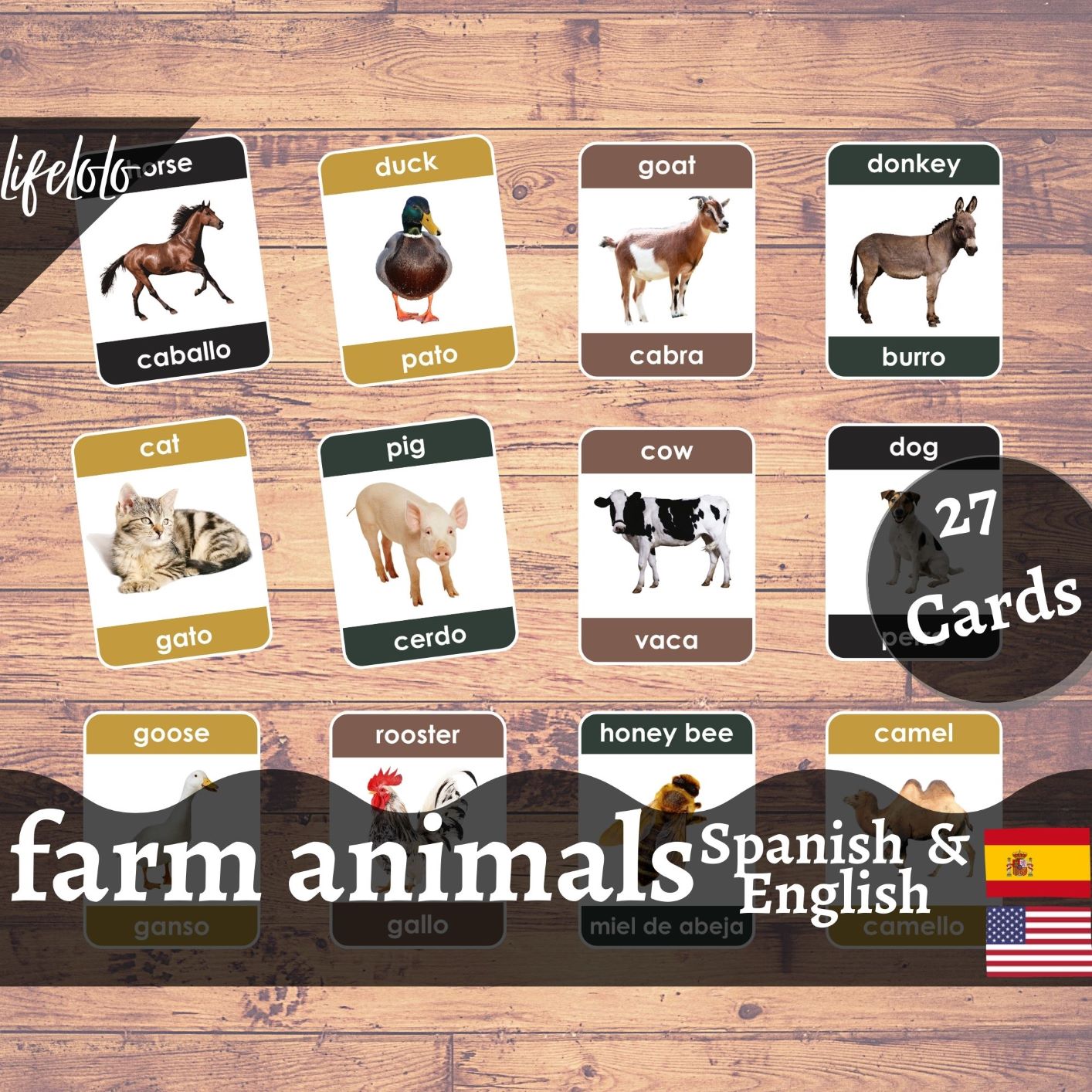 Farm Animals SPANISH Flash Cards | Bilingual Homeschool Printable